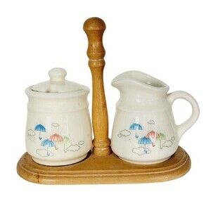 Vintage 80s Stoneware Rainy Day Umbrellas Sugar Bowl & Creamer Set on Wood Stand